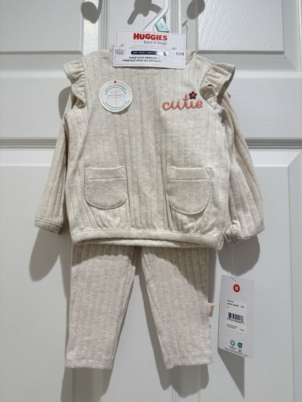Huggies Babywear 2 Piece Set Size 6 Months Cream White Organic Cotton BNWT